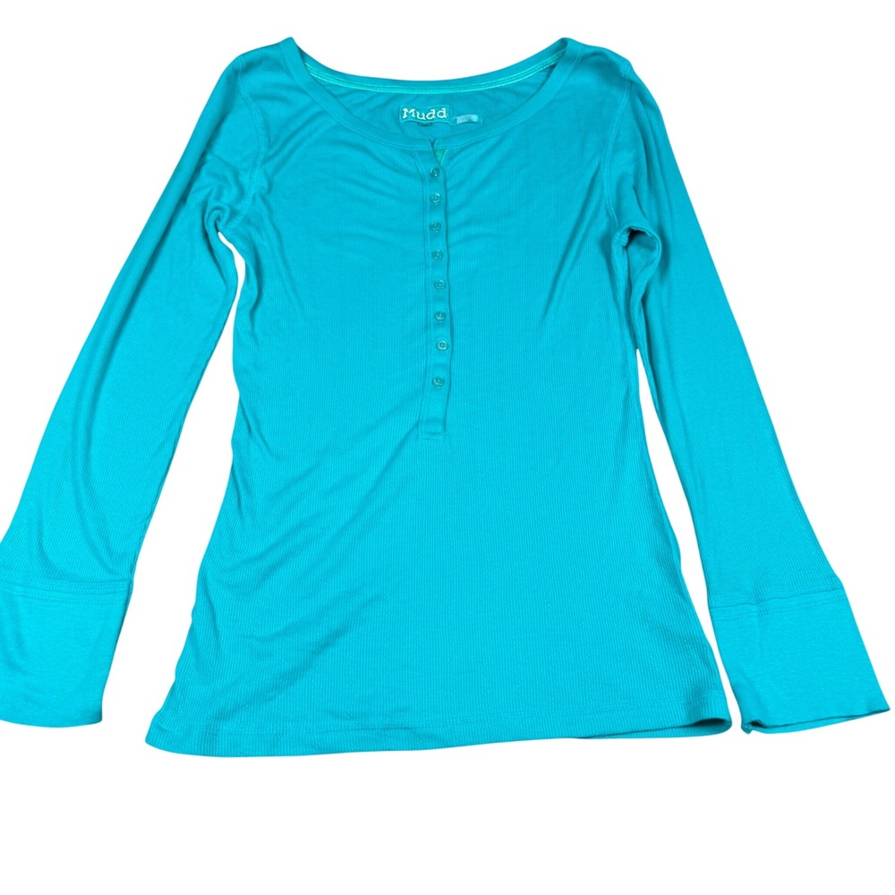 Mudd Y2K Turquoise Blue Pointelle Henley Long Sleeve Top Large 11/13 women's